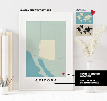 Arizona Map Print - Personalised Map Gift - Framed or Canvas Options Available - Custom Text Options - Personalised Gift - US States & Islands