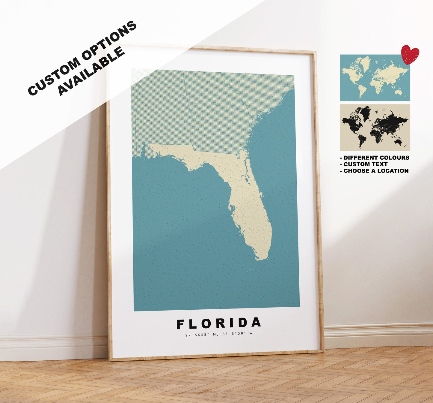 Florida Map Print - Personalised Map Gift - Framed or Canvas Options Available - Custom Text Options - Personalised Gift - US States & Islands