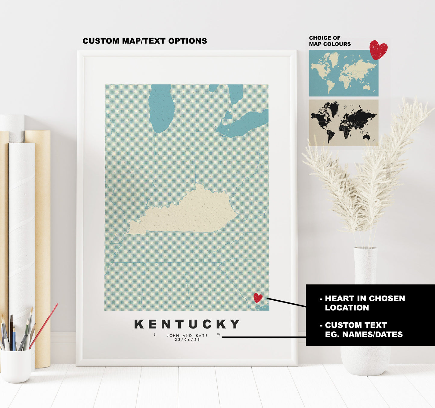 Kentucky Map Print - Personalised Map Gift - Framed or Canvas Options Available - Custom Text Options - Personalised Gift - US States & Islands