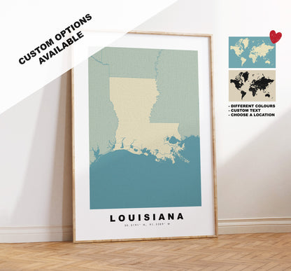 Louisiana Map Print - Personalised Map Gift - Framed or Canvas Options Available - Custom Text Options - Personalised Gift - US States & Islands