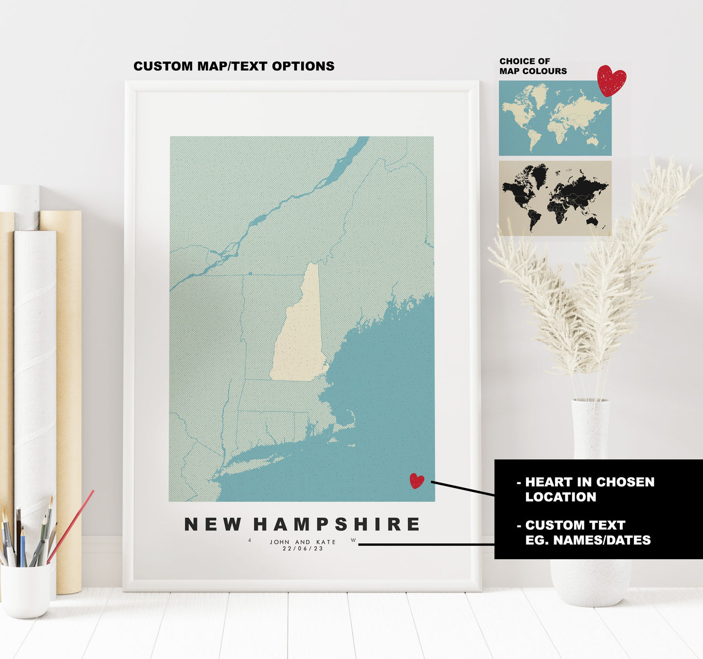 New Hampshire Map Print - Personalised Map Gift - Framed or Canvas Options Available - Custom Text Options - Personalised Gift - US States & Islands