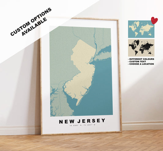 New Jersey Map Print - Personalised Map Gift - Framed or Canvas Options Available - Custom Text Options - Personalised Gift - US States & Islands