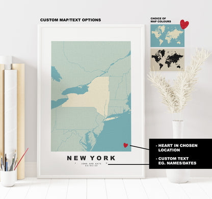 New York State Map Print - Personalised Map Gift - Framed or Canvas Options Available - Custom Text Options - Personalised Gift - US States & Islands