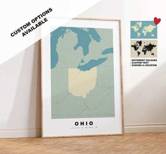 Ohio Map Print - Personalised Map Gift - Framed or Canvas Options Available - Custom Text Options - Personalised Gift - US States & Islands