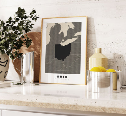 Ohio Map Print - Personalised Map Gift - Framed or Canvas Options Available - Custom Text Options - Personalised Gift - US States & Islands