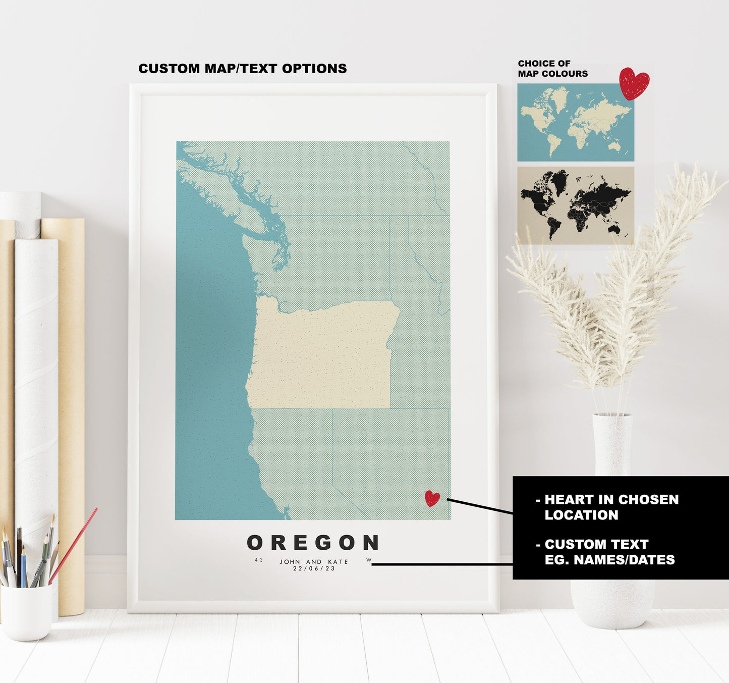 Oregon Map Print - Personalised Map Gift - Framed or Canvas Options Available - Custom Text Options - Personalised Gift - US States & Islands