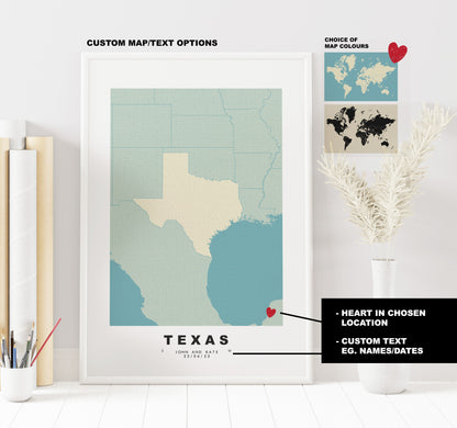 Texas Map Print - Personalised Map Gift - Framed or Canvas Options Available - Custom Text Options - Personalised Gift - US States & Islands