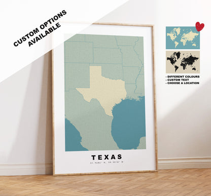 Texas Map Print - Personalised Map Gift - Framed or Canvas Options Available - Custom Text Options - Personalised Gift - US States & Islands