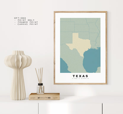 Texas Map Print - Personalised Map Gift - Framed or Canvas Options Available - Custom Text Options - Personalised Gift - US States & Islands