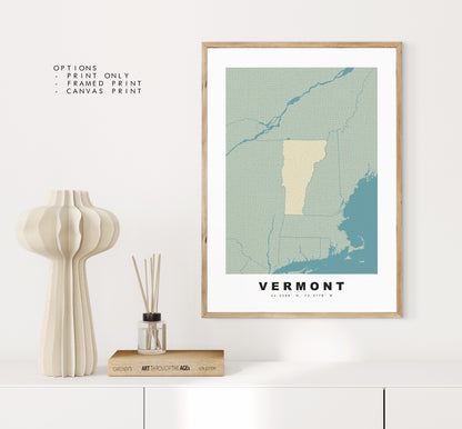 Vermont Map Print - Personalised Map Gift - Framed or Canvas Options Available - Custom Text Options - Personalised Gift - US States & Islands