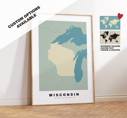 Wisconsin Map Print - Personalised Map Gift - Framed or Canvas Options Available - Custom Text Options - Personalised Gift - US States and Islands