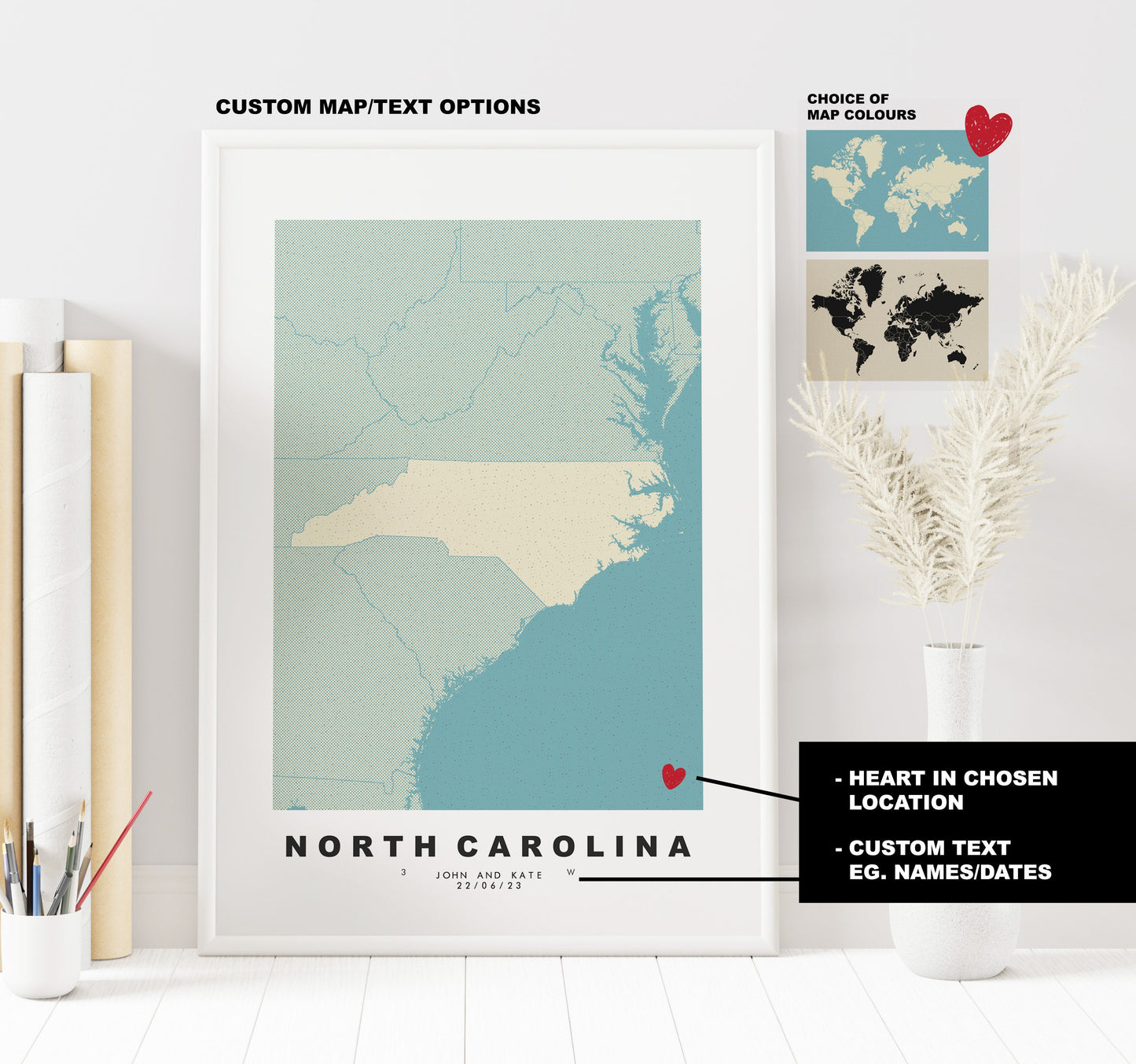 North Carolina Map Print - Personalised Map Gift - Framed or Canvas Options Available - Custom Text Options - Personalised Gift - US States & Islands