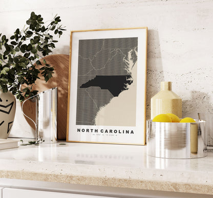 North Carolina Map Print - Personalised Map Gift - Framed or Canvas Options Available - Custom Text Options - Personalised Gift - US States & Islands