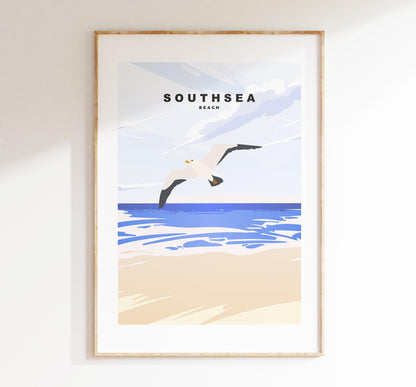 Southsea Beach Travel Poster - Wall Art Print - Southsea and Portsmouth Travel Posters - Minimalist Retro Style - Prints or Framed Prints