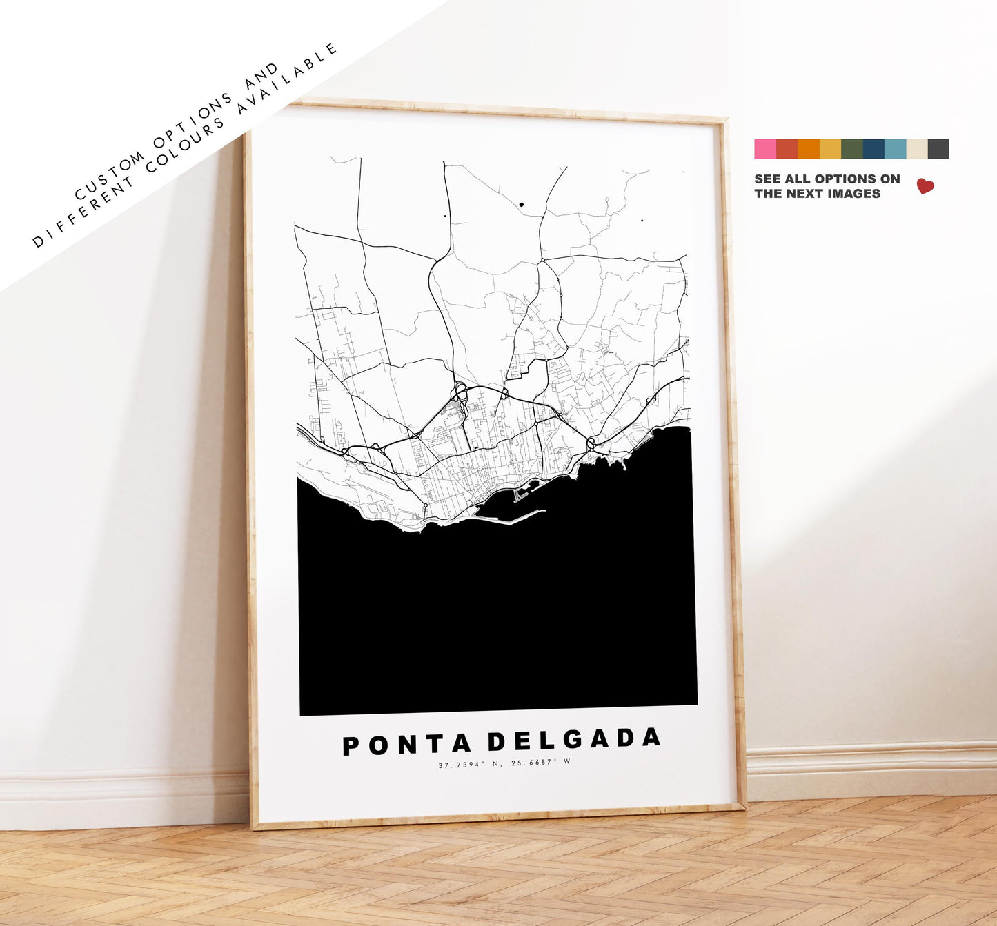 Ponta Delgada Map Print - City Map Poster - Map Art - Map Wall Art - Portugal City Maps - Ponta Delgada Print - Poster - Minimalist City Map