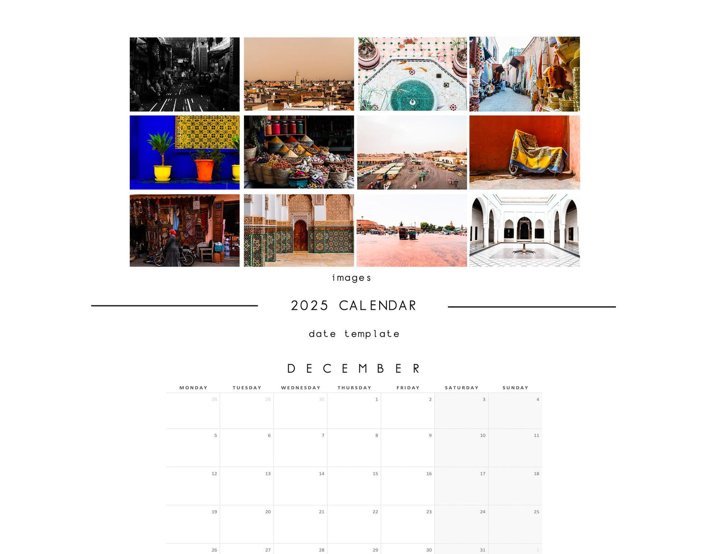 Marrakech 2025 Calendar - A3 or A4 Wall Calendar - 2025 Calendar - Gift - New Year - Marrakech Calendar - Planner - Morocco