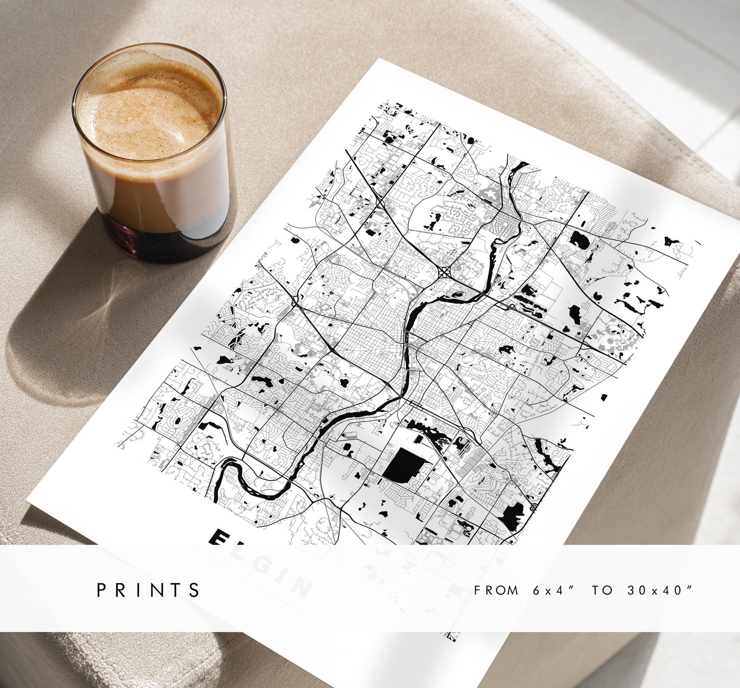 Elgin Map Print - City Map Poster - Map Art - USA City Maps - Elgin Print - Elgin Poster - Minimalist City Map - Illinois