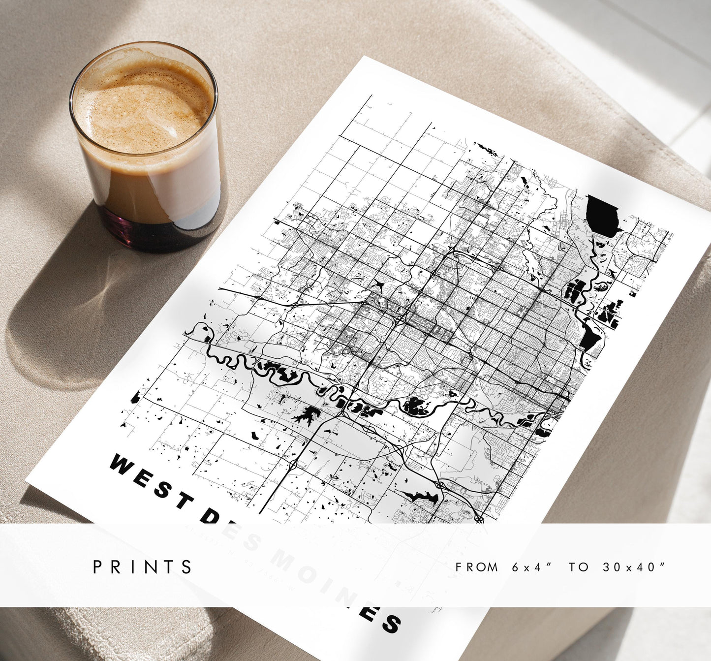 West Des Moines Map Print - City Map Poster - Map Art - USA City Maps - West Des Moines Print -  Poster - Minimalist City Map - Iowa